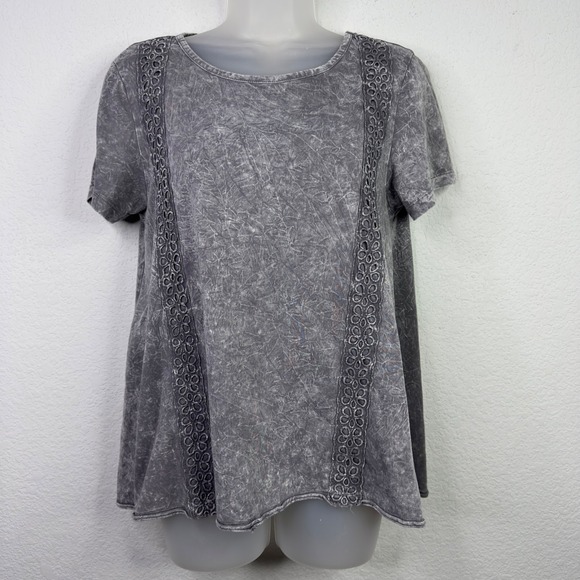 Sundance Tops - Sundance‎ T-Shirt Women M Gray Cotton Acid Wash Eyelet Boho Cottage Whimsigoth